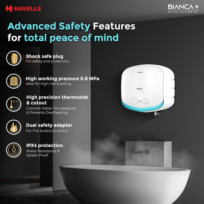 Havells All New Bianca+ 10L 5 Star 3-in-1 Convertible Storage Water Heater(Geyser)|Dual Element|33% Fast Heating|Shock Safe Plug|7 Year Tank & 5 Year element Warranty|Free Installation & Flexi pipe
