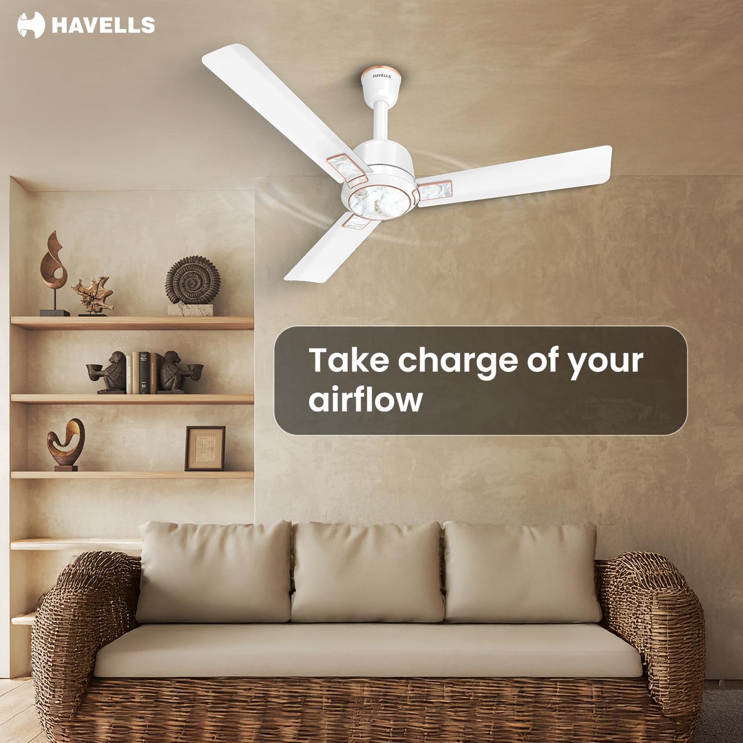 Havells Eva 1200mm Ceiling Fan for Home & Office with Aerodynamically Designed Blades, Energy Efficient & Power Saving for Superior Airflow | 2 Years Manufacturer Warranty | Pearl White Marble