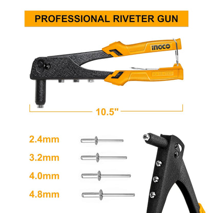 INGCO HR104 Hand Riveter, Iron Body, Heavy-Duty Hand Riveter, Applicable 4 Size Rivet Heads(Not Include), Hand Riveter Set for Metal - Free Interchangeable Heads (1 Set)