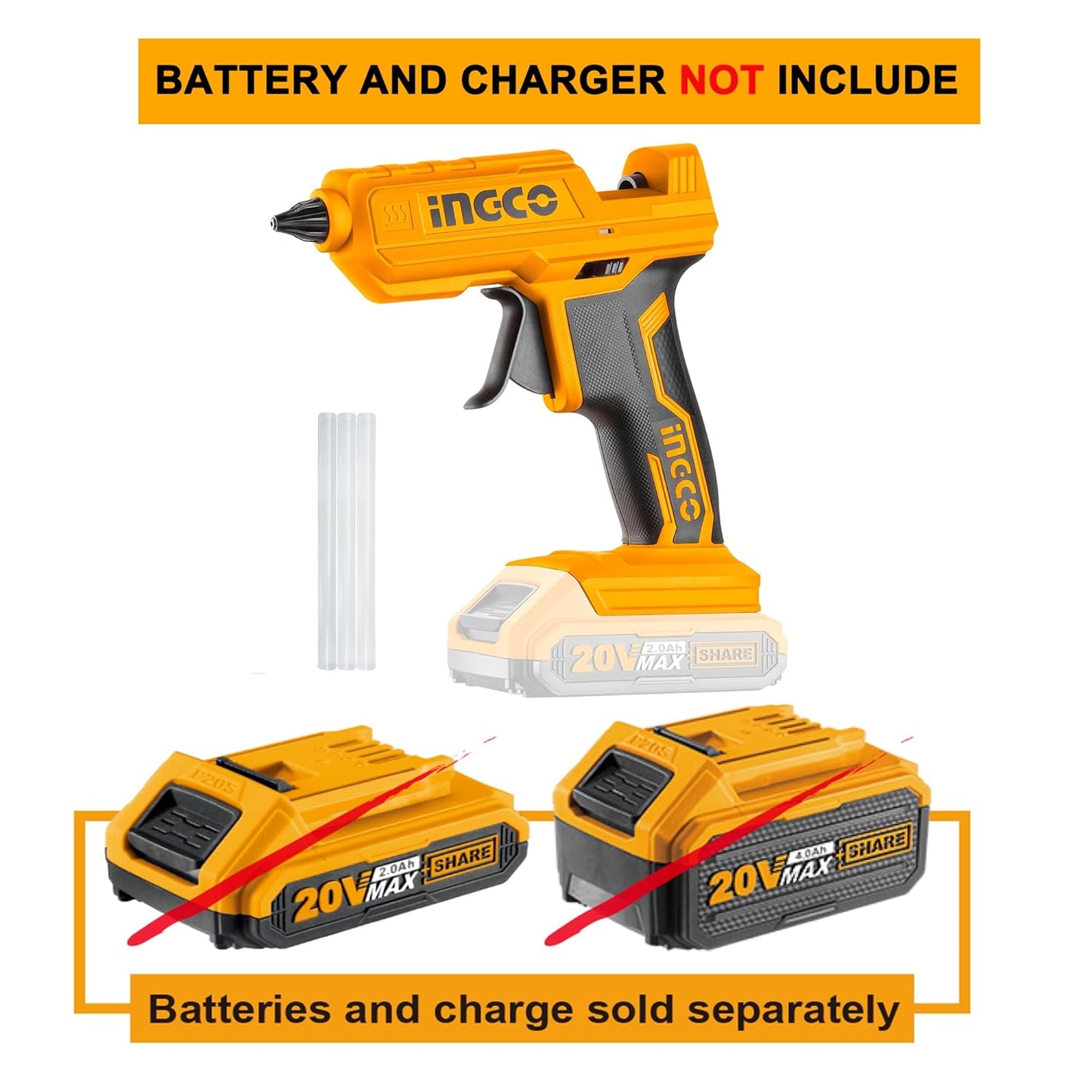 INGCO 20V Cordless Glue Gun, Battery & Charger not Included, 15-18g/min | 11.2mm Glue stick diameter | 60s Heat-up time Mini Hot Glue Gun With 3 pcs Glue Sticks for Crafts DIY Arts Home Quick Repairs