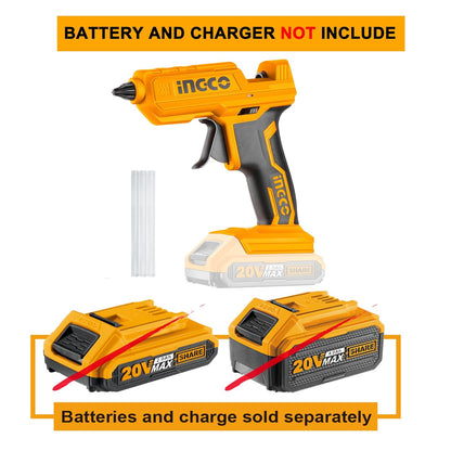 INGCO 20V Cordless Glue Gun, Battery & Charger not Included, 15-18g/min | 11.2mm Glue stick diameter | 60s Heat-up time Mini Hot Glue Gun With 3 pcs Glue Sticks for Crafts DIY Arts Home Quick Repairs