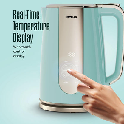 Havells CRAFT Kettle | OptiHeat Tech for Custom Temperature Setting | Real Time Temperature Display |12 Hour Keep Warm Function | Strix Controller for 5x Lifespan | 3x Safety Protection (Blue & Gold)