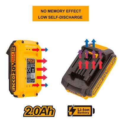 Ingco 20V Battery Pack, 2.0Ah Lithium-Ion Battery, Compatible With 20V Power Tools, LED Battery Power Indicator, Charger Not Included,Multicolour