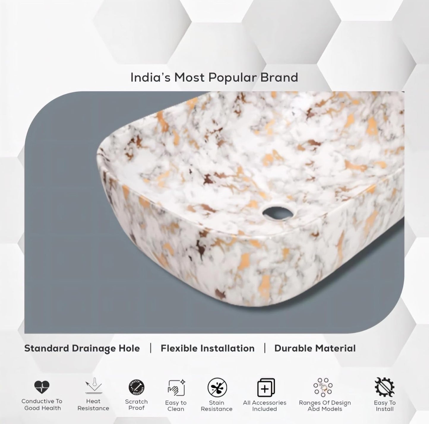 UdrCrafts® Ceramic TABLE TOP WASH BASIN, Luxury Marble Pattern Vessel Sink, Rectangular Bathroom Wash Basin, White and Gold, Premium Wash Basin Countertop, Tabletop Ceramic Bathroom Sink/Basin