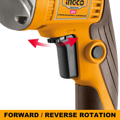 INGCO 20V Cordless Drywall Screwdriver 30Nm, Adjustable Depth, 4200RPM with 1Pcs 2.0Ah Battery and 1Pcs Charger, Packed by Carrying Case