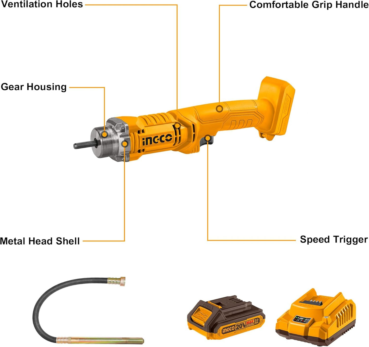 INGCO 20V Lithium-Ion Handheld Concrete Vibrator 2300RPM with 1Pcs 2.0Ah Battery Electric Cordless Concrete Vibrating Tool CCVLI2023011