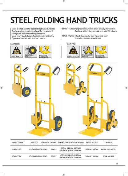 STANLEY SXWT-FT520 Steel Folding Handtruck,120kg Load Capacity,Ergonomic Handle with Knuckle Protection,10" Large Pneumatic Wheels,Foldable Base Plate,Open Dimn: 52x48x113 cm,Folded Dimn: 28x48x80 cm