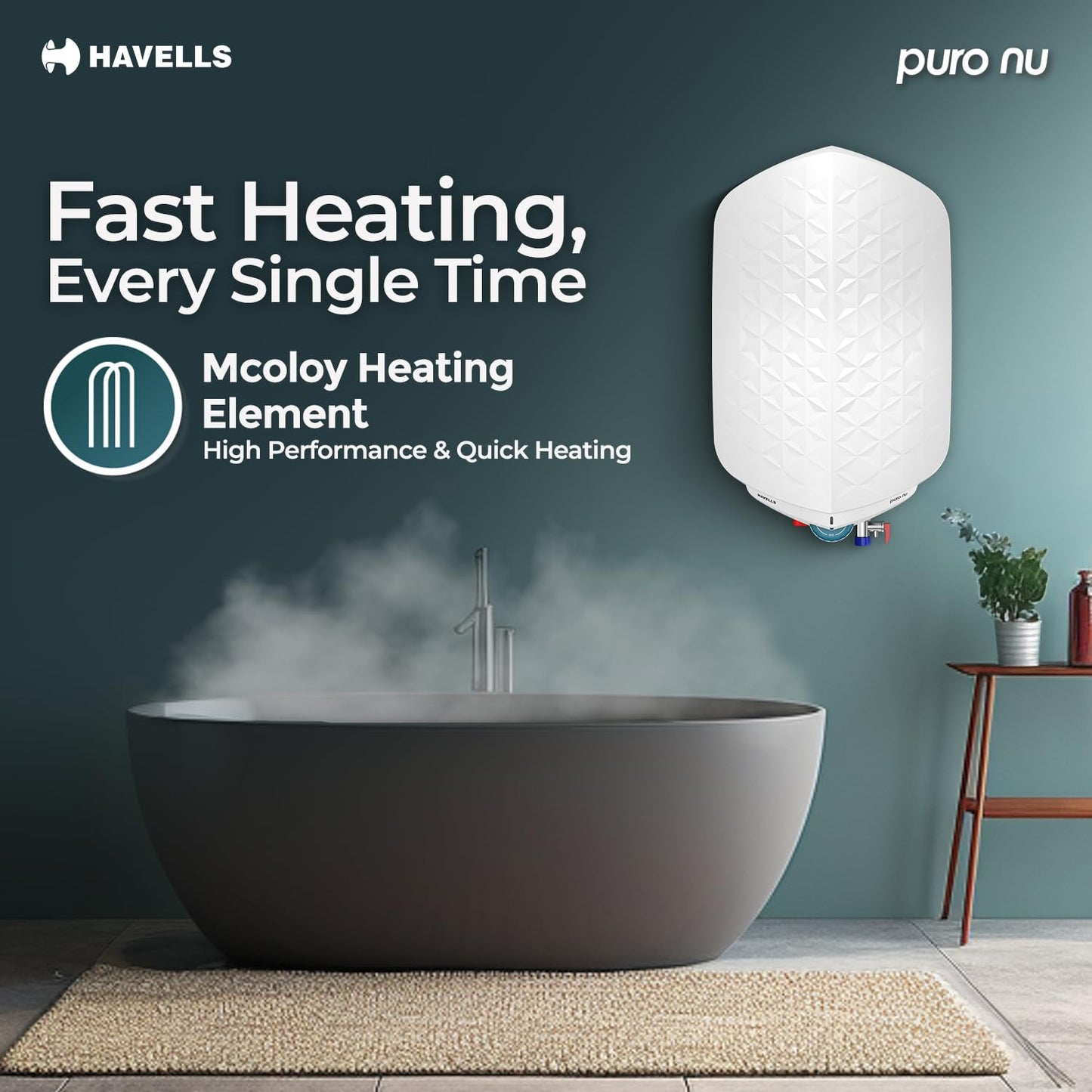 Havells Puro Nu 15L Storage Water Heater(Geyser)|Faster Heating|Safer to use|Saves electricity|Engineered for Hard Water|Glass Coated Anti Rust Tank|Whirlflow Technology|Jog Dial Temp. setting knob