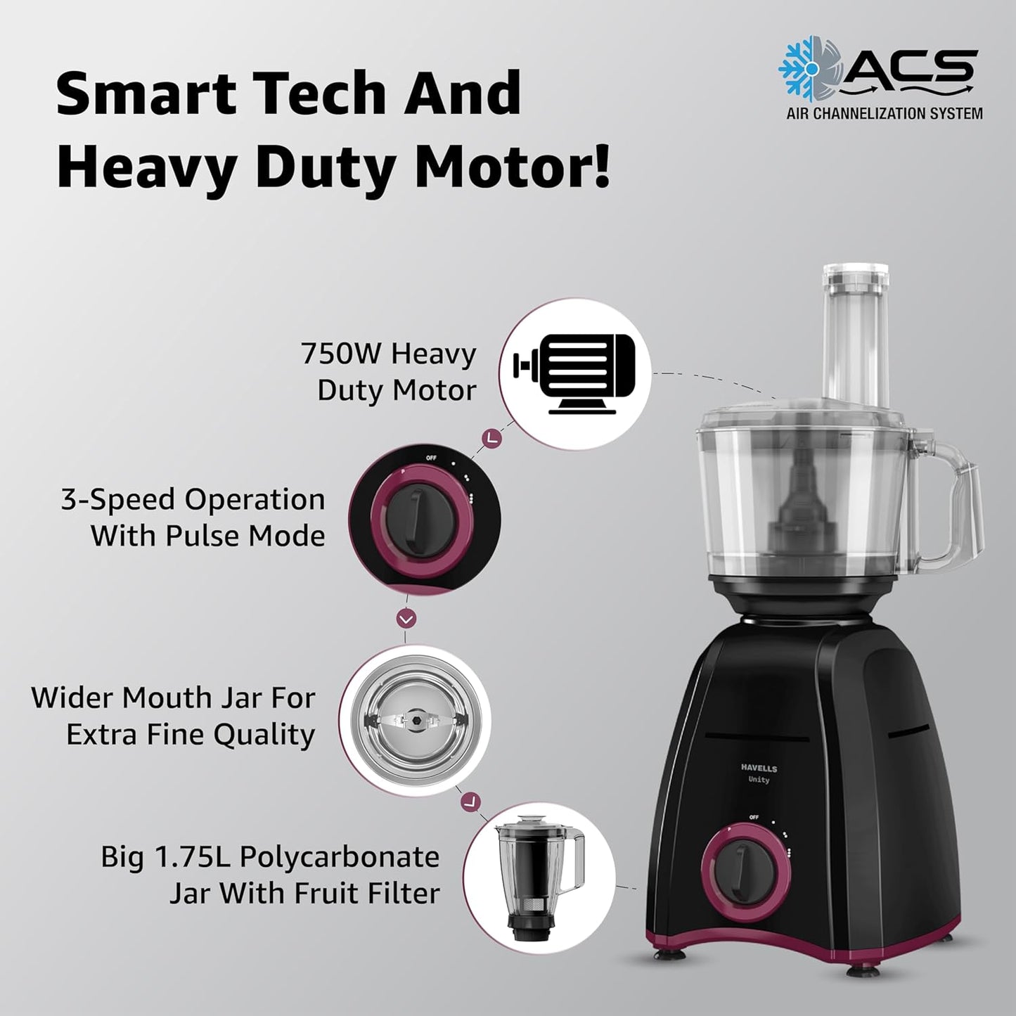 Havells Unity 750W Food Processor | 4 Jars – Juicer, Mixer, Grinder & Chopper (All-in-One) | Compact Design | 3 Speed Control + Pulse| For Dry & Wet Grinding| 2 Years Door Step Warranty by Havells