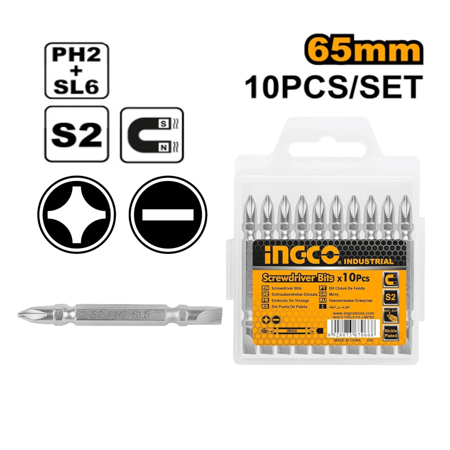 INGCO Screwdriver Bit, PH2+SL6, 65 mm, 10 PCS PACK, S2 Industrial Steel, Nickle Plated Megnetic