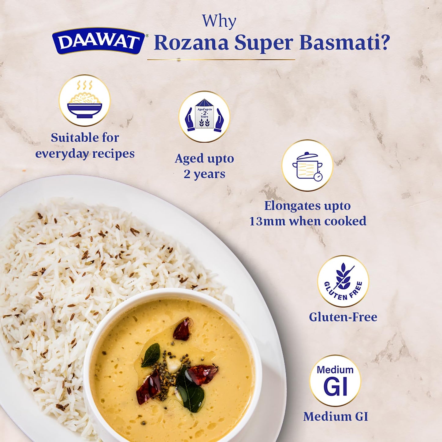 Daawat Rozana Super Basmati Rice 5Kg| For Everyday Consumption| Cooked Grain Upto 13mm*| Naturally Aged
