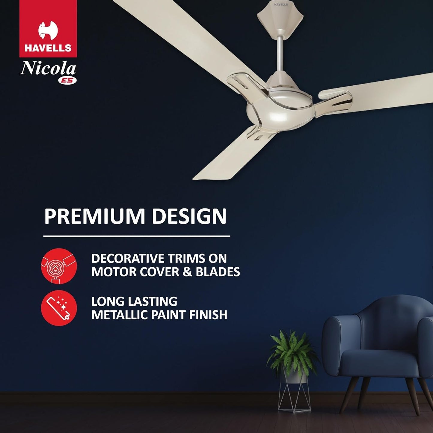 Havells 1200mm Nicola Energy Saving Ceiling Fan (Pearl White Silver, Pack of 1) 2 Star
