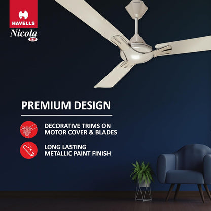 Havells 1200mm Nicola Energy Saving Ceiling Fan (Pearl White Silver, Pack of 1) 2 Star