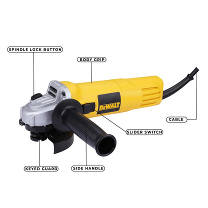 DEWALT DW802-IN, 850W, 4'' (100mm) Heavy Duty Angle Grinder Engineered for Heavy Duty Applications with Spindle Lock and Slide Switch, 2 Year Warranty (Side Handle Included)