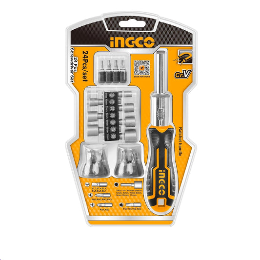 INGCO 24 IN 1 Ratchet Screwdriver Set, INGCO Style Ratchet Handle, 16 Pcs Screwdriver Bits, 7 Pcs 1/4" Power sleeve