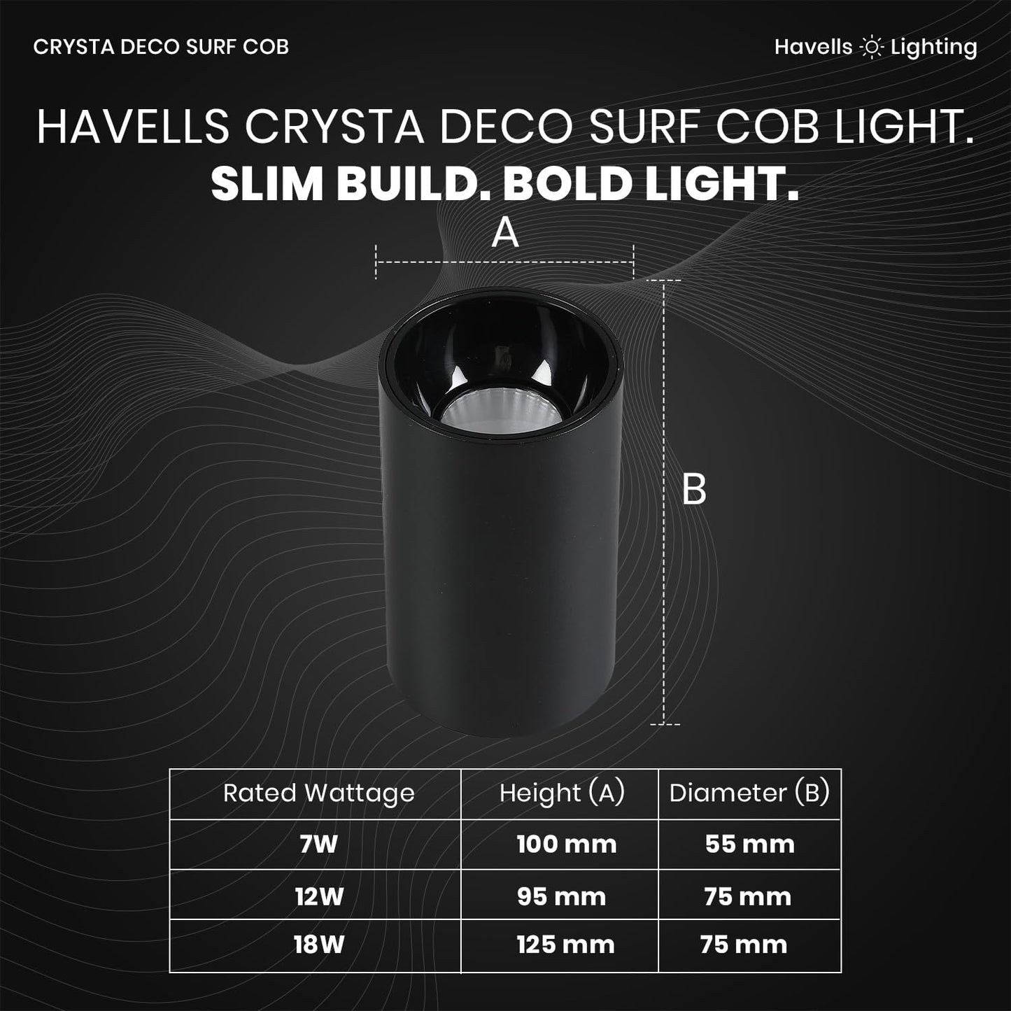 Havells Crysta Deco Surf Cob 12W 3K Black B,Led-Spotlights,Energy Efficient,Long Life of 25000 Burning Hours,Beam Angle of 36°,Metal Body Cob with Integrated Driver,Warm White (3000K)
