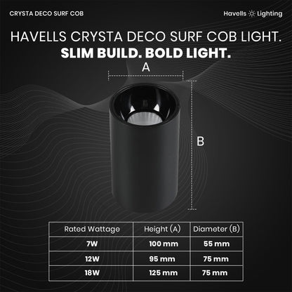 Havells Crysta Deco Surf Cob 12W 3K Black B,Led-Spotlights,Energy Efficient,Long Life of 25000 Burning Hours,Beam Angle of 36°,Metal Body Cob with Integrated Driver,Warm White (3000K)