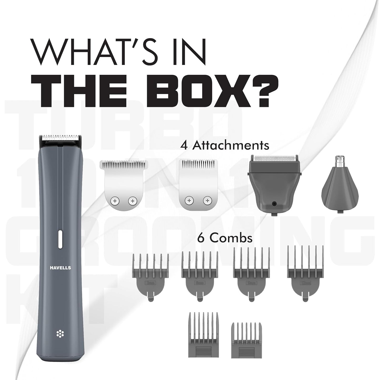 Havells Turbo 10 In 1 Grooming Kit | Hair Trimmer,Face, Ear & Nose |No Nicks & Cuts |LED Indicator| Upto 90 Min Quick Charge| 2 Year Guarantee| GS6110 (Grey)