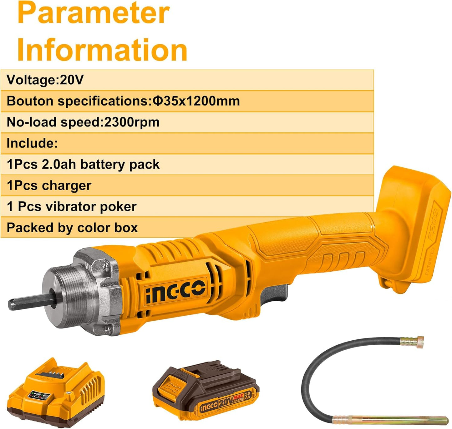 INGCO 20V Lithium-Ion Handheld Concrete Vibrator 2300RPM with 1Pcs 2.0Ah Battery Electric Cordless Concrete Vibrating Tool CCVLI2023011