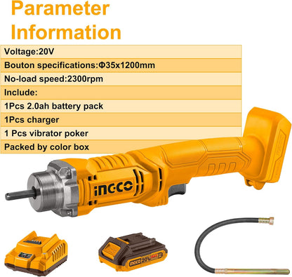 INGCO 20V Lithium-Ion Handheld Concrete Vibrator 2300RPM with 1Pcs 2.0Ah Battery Electric Cordless Concrete Vibrating Tool CCVLI2023011