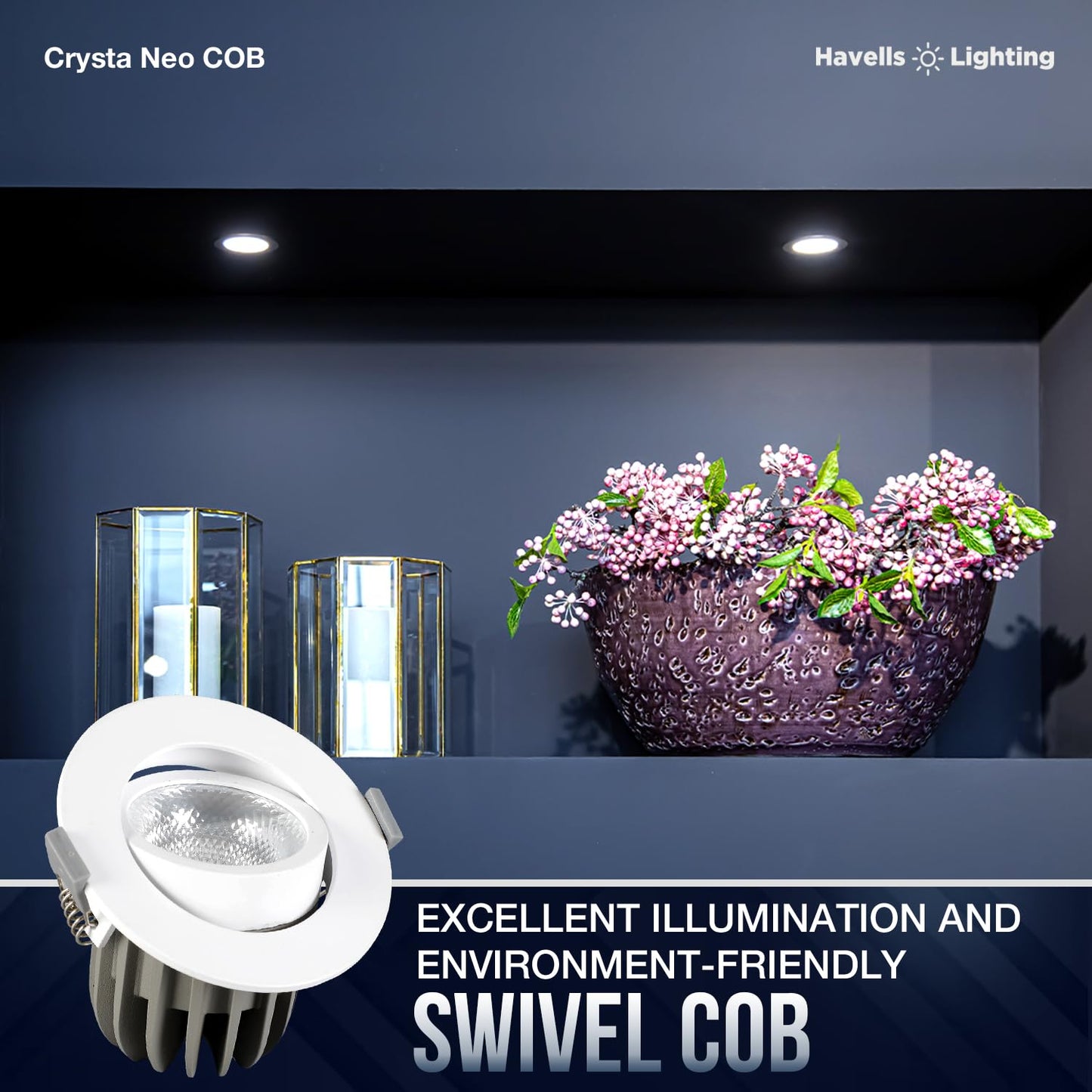 Havells Crysta NEO Swivel COB Spotlight 30W 3K Ceiling Light Energy Efficient Beam Angle of 36° Long Life of 25000 Burning Hours Metal Body COB,Aluminum DIE CAST,80 Lumen Per Watt 6500K