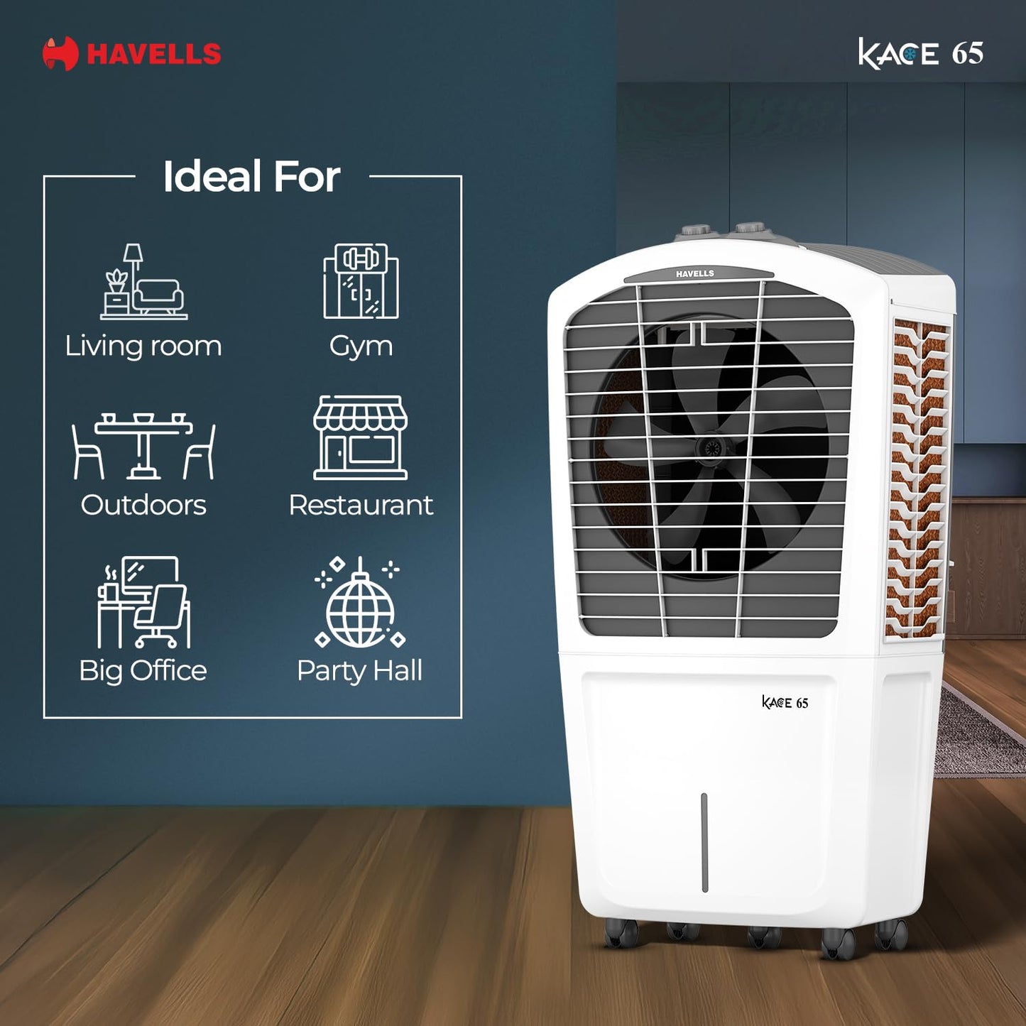 Havells Kace 65 L Desert Air Cooler for Home| Powerful Air-Delivery|Bacteria Shield Honeycomb Pads Technology |XXL Ice Chamber| Ice Chill Drip Technology | Inverter compatible|Front wheels with brakes