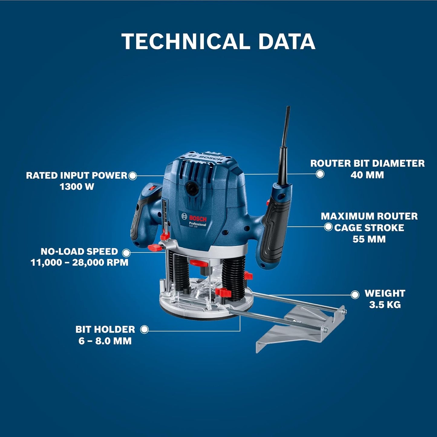 Bosch GOF 130 Corded Electric Router, 1,300W, 8 mm Bit, 28,000 rpm, 40 mm, Variable Speed, Restart Protection, Constant Speed, 3.5 kg + 8 Bosch Accessories, 1 Year Warranty