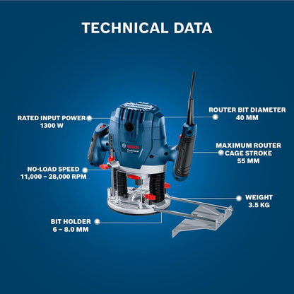 Bosch GOF 130 Corded Electric Router, 1,300W, 8 mm Bit, 28,000 rpm, 40 mm, Variable Speed, Restart Protection, Constant Speed, 3.5 kg + 8 Bosch Accessories, 1 Year Warranty