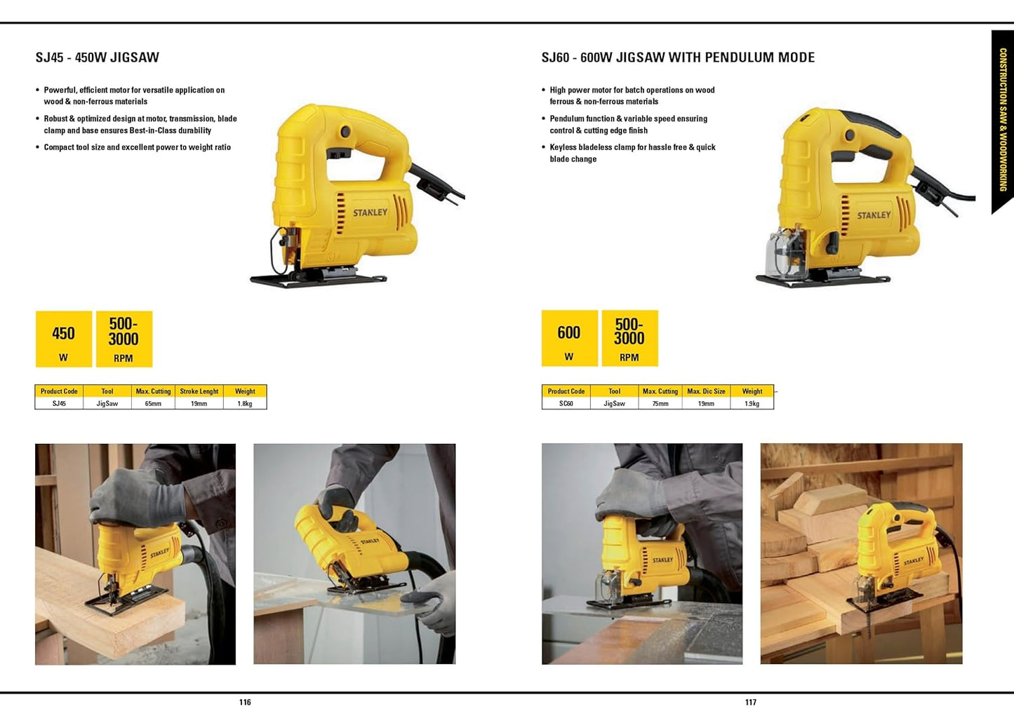 STANLEY SJ45 450W Variable Speed JigSaw for cutting woodsheetmetal and plastic with 6 position speed dial(Yellow and Black) (SJ45-IN)