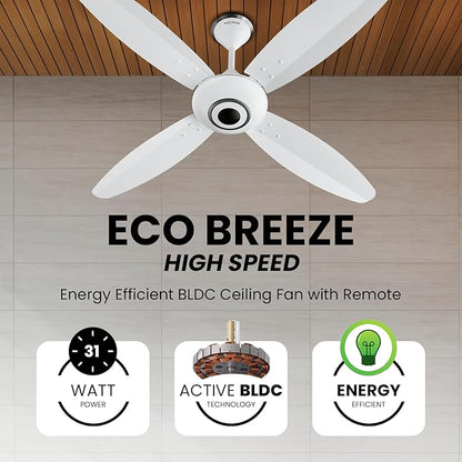 Anchor By Panasonic Ecobreeze 1200mm BLDC Ceiling Fan (4 Blade, Matt White) with Remote, Medium