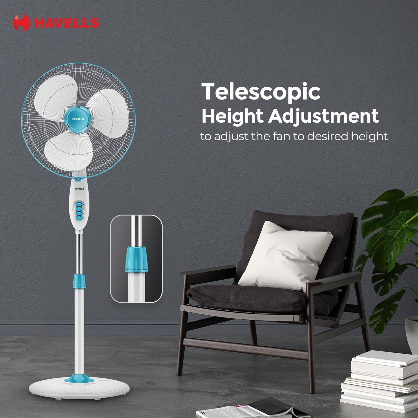 Havells Gatik Pro 400mm Pedestal Fan| 120 Ribs Guard for Safety| Smooth Oscillation| Heavy Base| ISI Marked | 2 Year Warranty | Blue