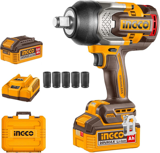 Ingco 20V Cordless Impact Wrench 1050NM, Brushless Motor, Nut-Busting Torque 1200NM, Max Speed 2100RPM Battery Impact Gun With 1Pcs 5.0Ah Battery And Charger, Packed by Carrying Case CIWLI20105