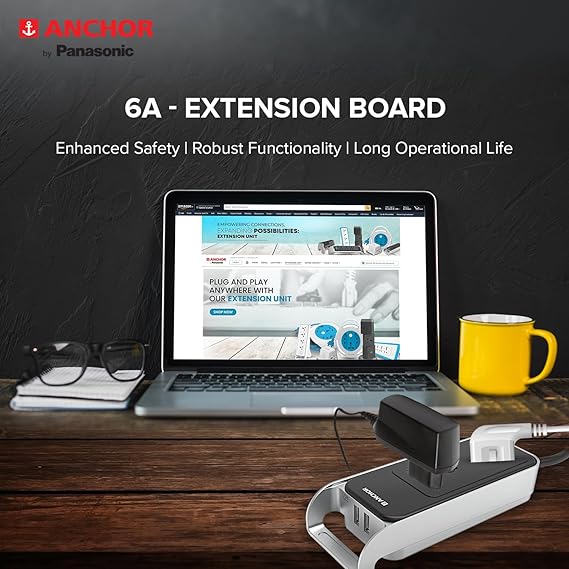 Anchor by Panasonic 6A Extension Board with Handle, 2 Sockets + USB 2.4A, 1.5m Cable (Black and Silver, 240 volts) (22074)