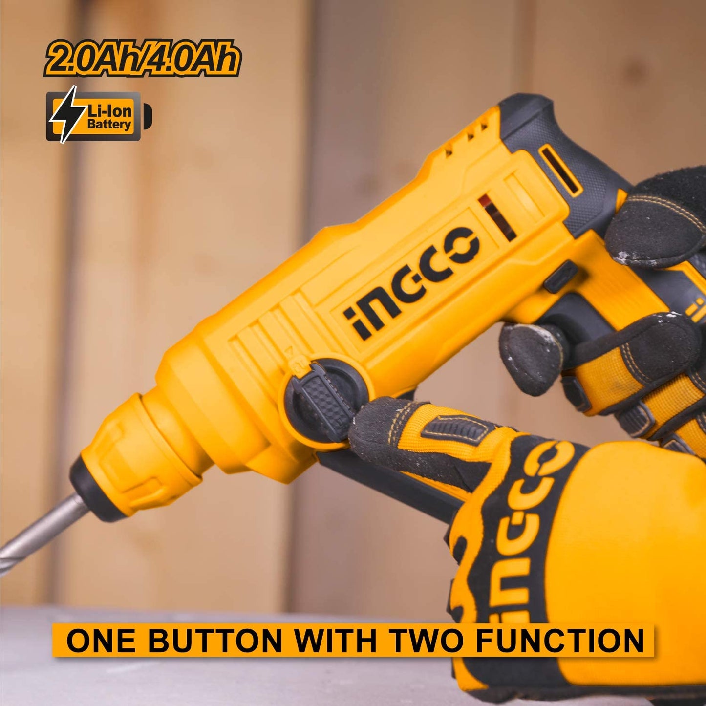 Ingco Cordless Rotary Hammer, 20V Lithium-Ion Hammer Drill for Home Use, 5100 BPM, 2 Mode Operation, 1.5J, Rotary Hammer With SDS-plus Drill Bits (Tool Only)