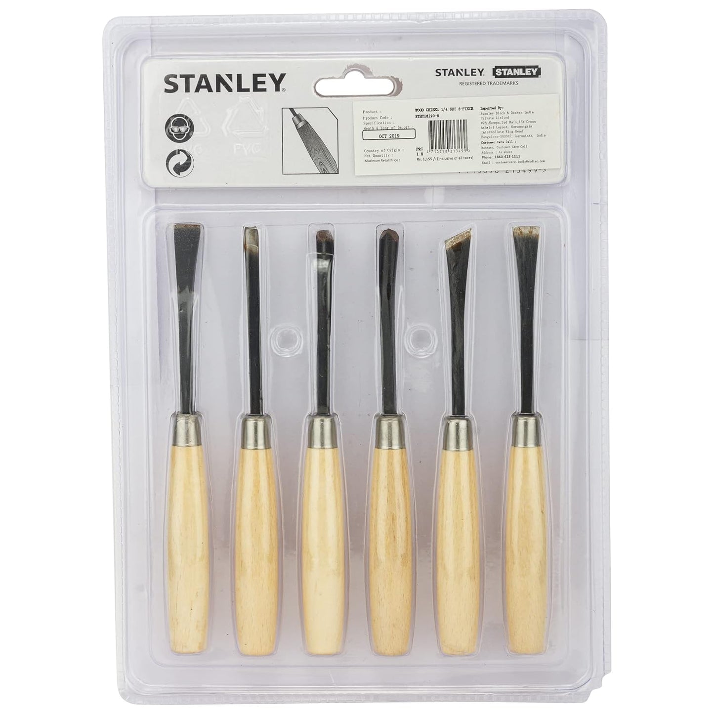 STANLEY STHT16120-8 1/4'' 6-Piece Wood Carving Chisel Set for DIY and Professional use (Brown)