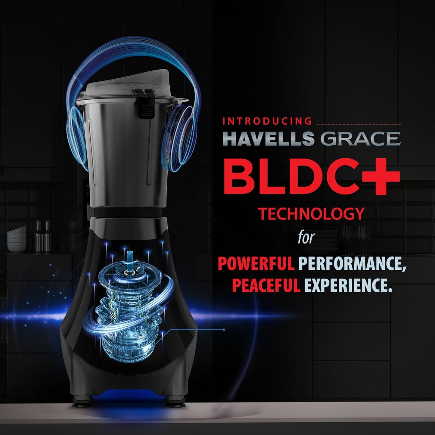 Havells Grace BLDC+ Mixer Grinder 800W|3 Jars|50% less perceptible Noise|45% Higher Grinding Power|Wider Mouth Jars with Clip Locking|Leak Resistant Jars|Lifetime Manufacturer Warranty on Motor(Black)