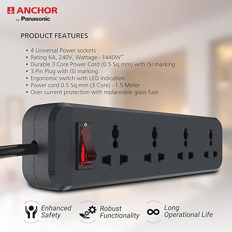 ANCHOR by Panasonic 6 Amp Power Strip with 4 Universal Sockets with Master Switch, 4 Way Extension Board with 1.5 Mtr Long Wire (22078), Black