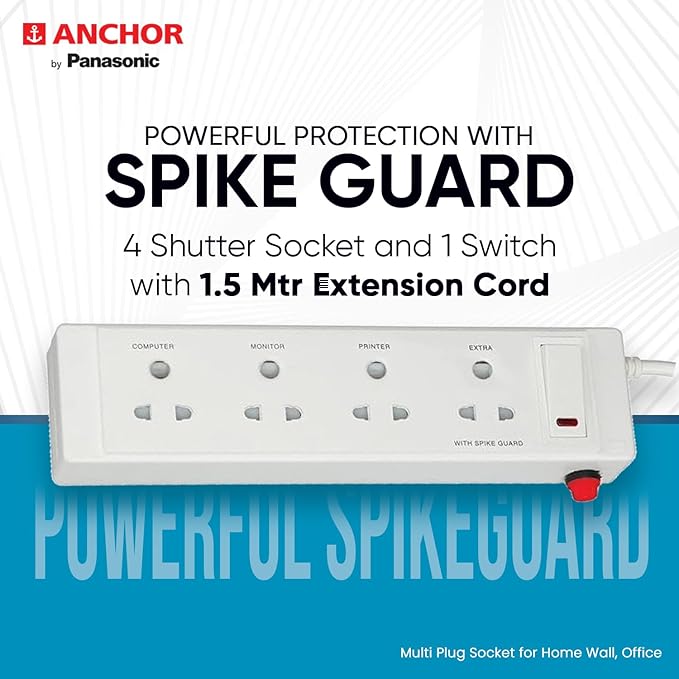 Anchor by Panasonic 20518 Plastic 4 Way Shutter Socket Surge Protector with Single Switch (White)