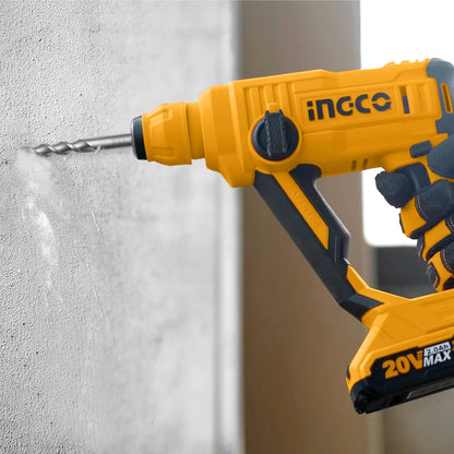 Ingco Cordless Rotary Hammer, 20V Lithium-Ion Hammer Drill for Home Use, 5100 BPM, 2 Mode Operation, 1.5J, Rotary Hammer With SDS-plus Drill Bits (Tool Only)