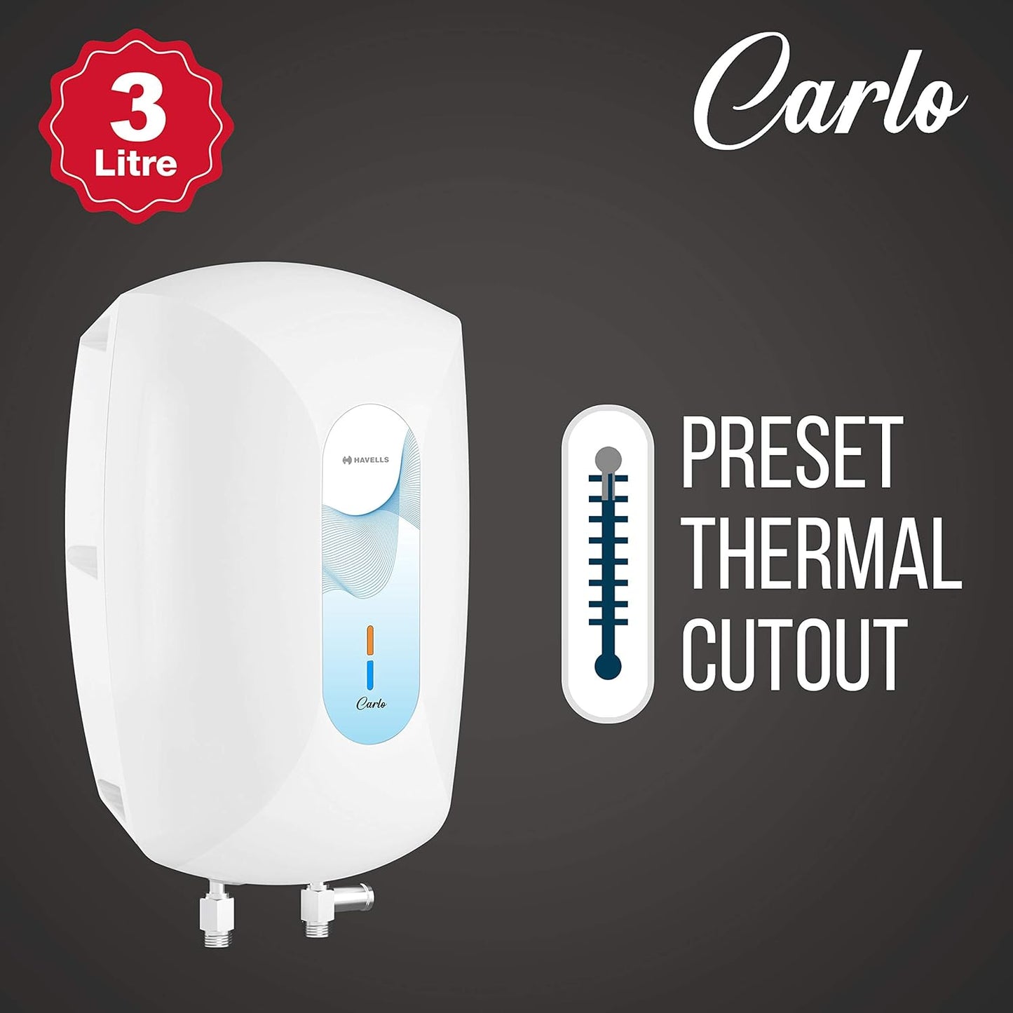 Havells Carlo 3 Litre Instant Water Heater (White Blue), Vertical Mounting
