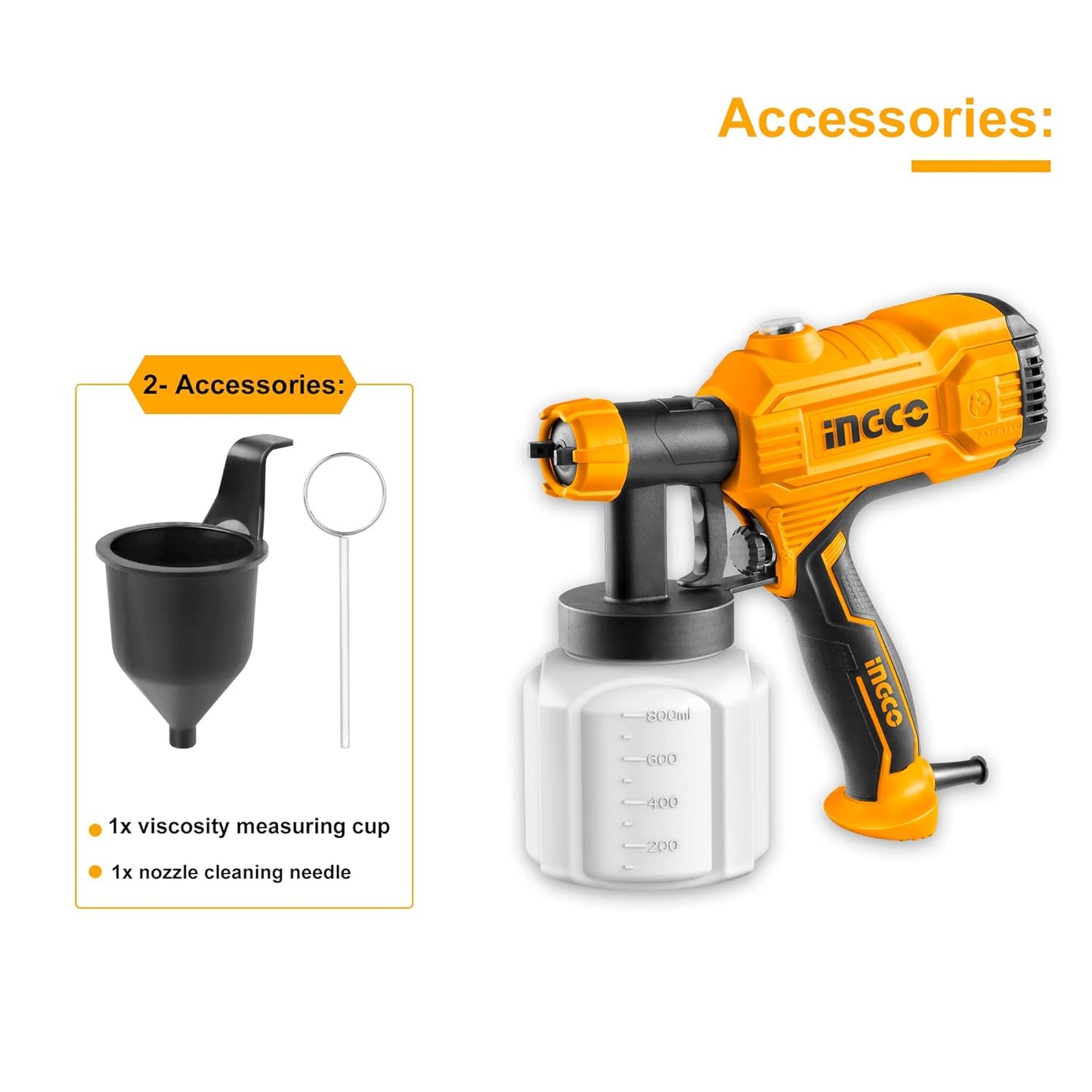 INGCO 450W Corded Paint Sprayer, 800ml Capacity, 50Din-s, 380ml/ min, Electric Spray Gun with 1.5Mm Copper Nozzle