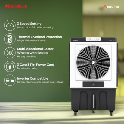 Havells Aero 150 L Premium Commercial Air Cooler| 22" Metal Blade Fan| Powerful Air-Delivery of 12000 m³/h| 3 Side Bacteria Shield Honeycomb Pads| Dust Filter Nets| XXL Ice chamber| Auto fill function