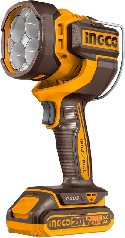 Ingco CWLI2088 20V Wireless LED Torch (Product Only), High Quality LED, 2000 Lumens, 3 Mode Settings, Adjustable Light Head for Hiking Camping