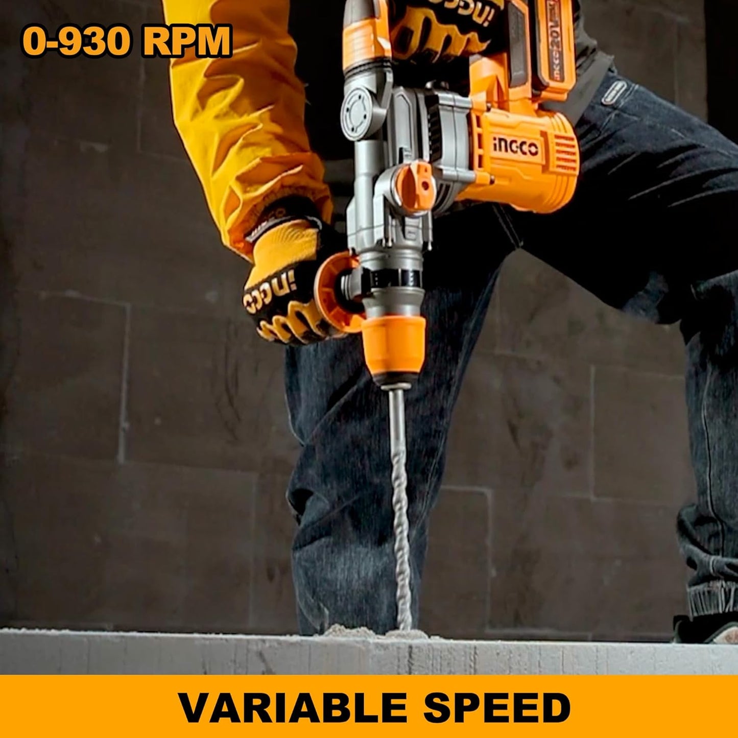 INGCO Lithium-Ion 20V Brushless Rotary Hammer, Φ28 in Concrete, 4.5J, 930RPM, 4400BPM, 3IN1 Function with 2Pcs 4.0Ah Battery and Fast Charger, Packed by Carrying Case