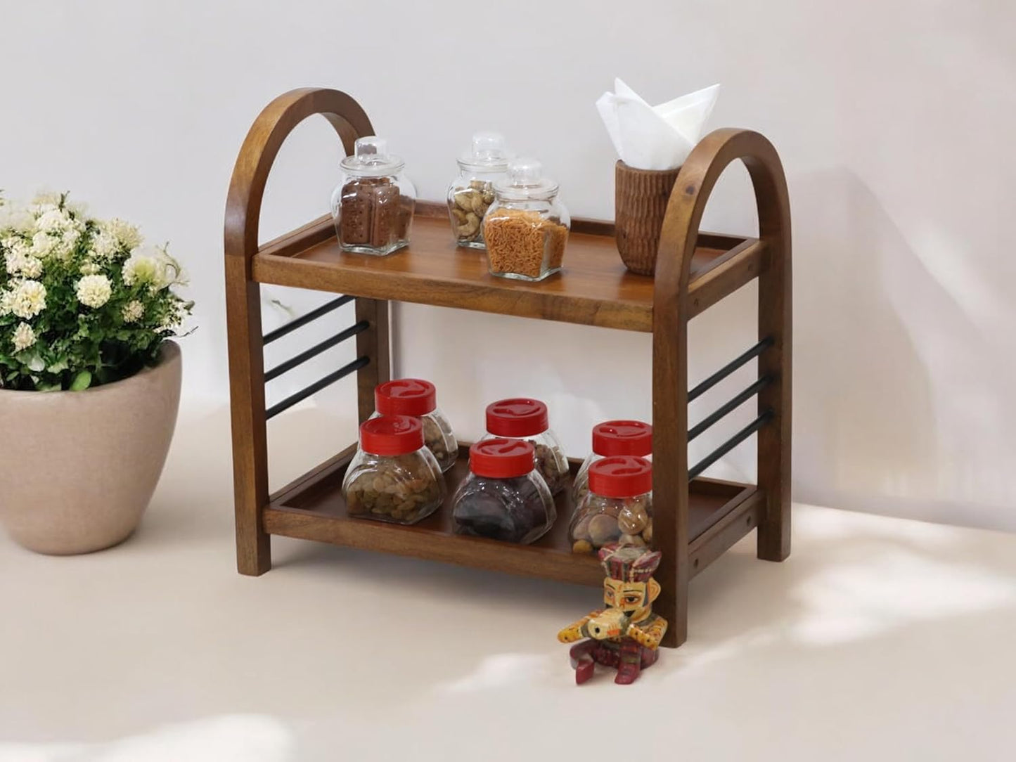 Udaipur Handicrafts Wooden Organizer Rack Stand for Kitchen, Bathroom, Countertop & Office | Mango Wood & Iron Storage Shelf with Dual Shelves for Spices, Toiletries, Books & Decor | 45.5 x 27 x 45 cm