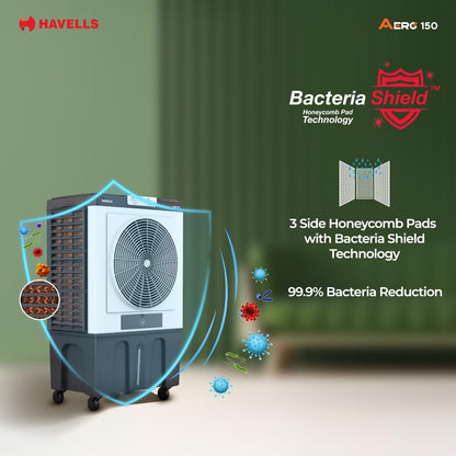 Havells Aero 150 L Premium Commercial Air Cooler| 22" Metal Blade Fan| Powerful Air-Delivery of 12000 m³/h| 3 Side Bacteria Shield Honeycomb Pads| Dust Filter Nets| XXL Ice chamber| Auto fill function