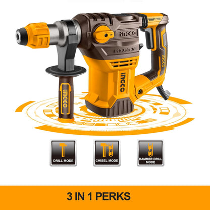 Ingco Hammer Drill Machine, 1500W Rotary Hammer Drill Machine Heavy Duty Grip Handle Concrete Metal And Woodworking For Home & Industrial Use, Yellow,Brown