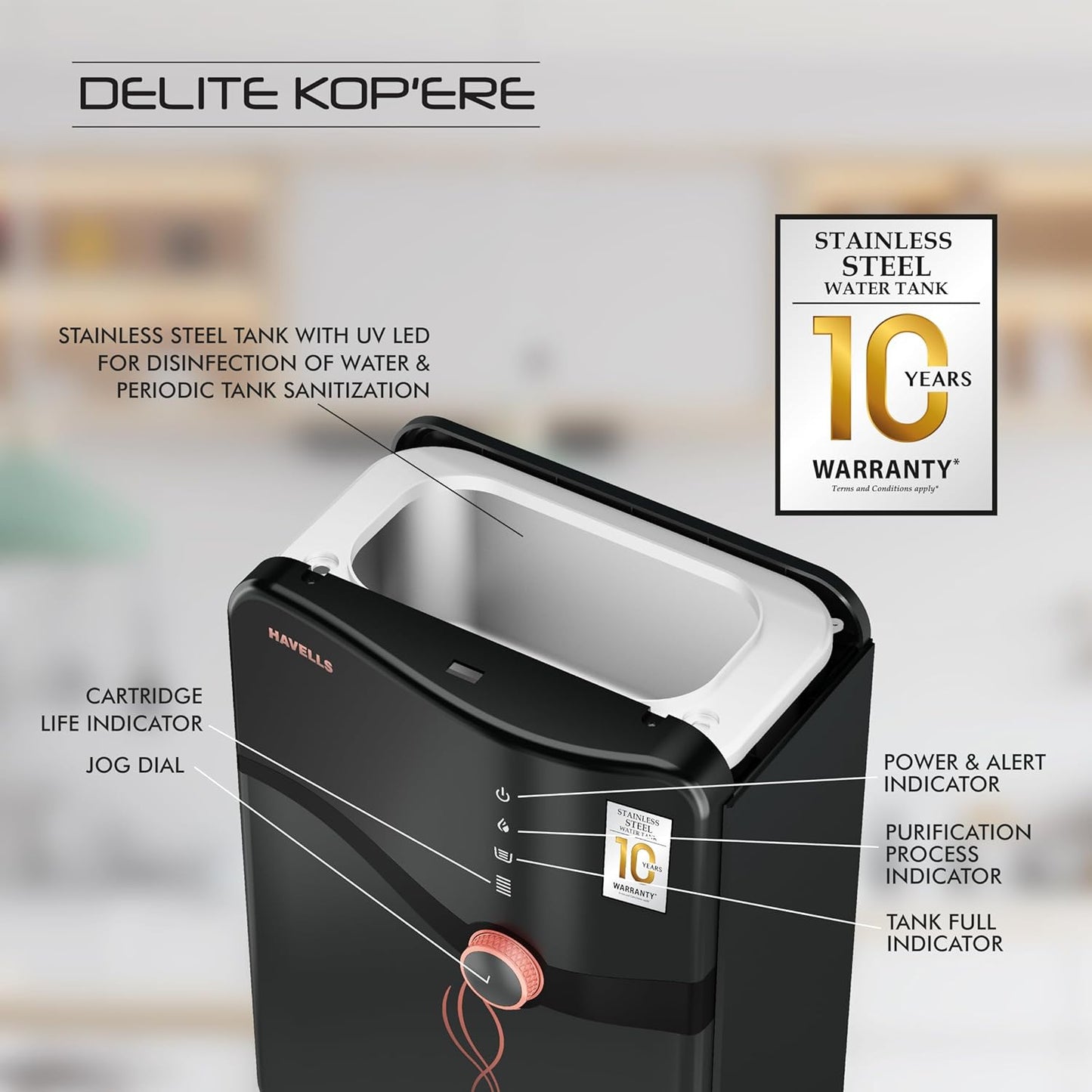 Havells Delite Kop'ere Water Purifier (Black), RO+UV+pH Balance, 7 Stages, 6.5L Stainless Steel Tank,Copper+Zinc+Minerals, Suitable for Borewell, Tanker & Municipal Water