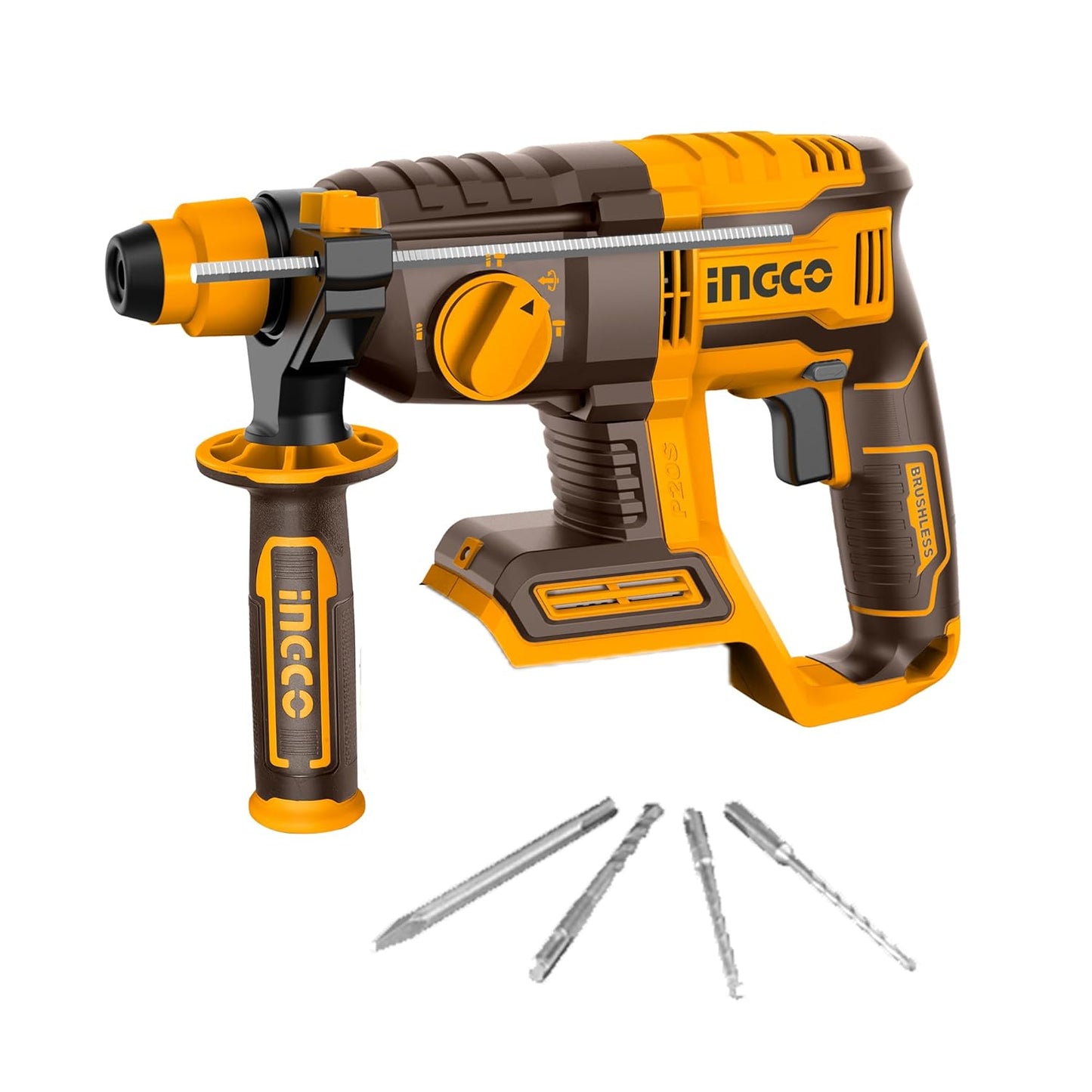 INGCO 20V Lithium-Ion SDS-Plus Rotary Hammer Drill (Body Only) with Brushless Motor, 4IN1 Function Adjust Knob, 2.0J, 5400BPM, 1100RPM, 3Pcs Drill Bits and 1Pcs Chisel CRHLI20208