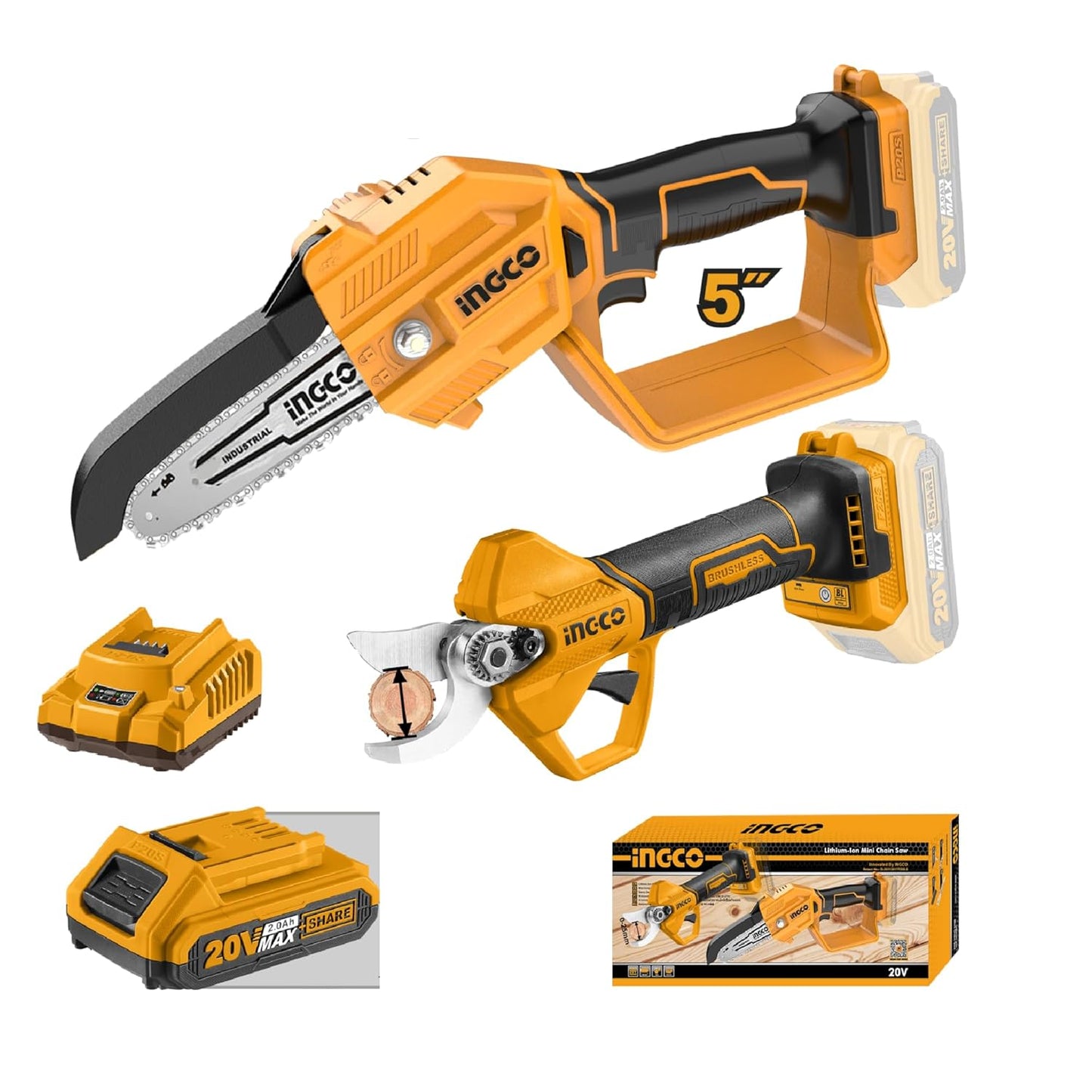 INGCO Cordless Gardening Tools, Pruner Saw & Shear, Brushless Motor, With Battery & Charger